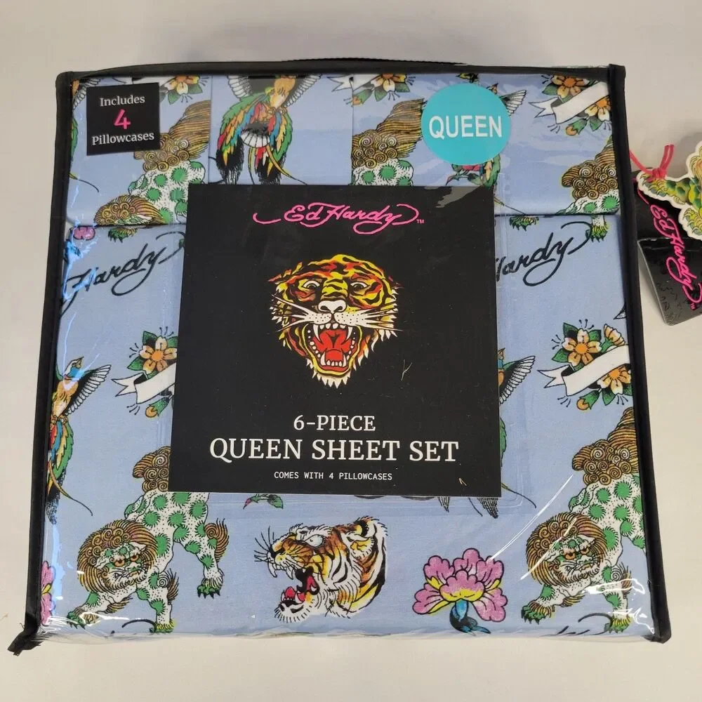Ed Hardy QUEEN Blue Sheets Set 6pc Tattoo Foo Dog Tiger Floral Bird Heart Rose